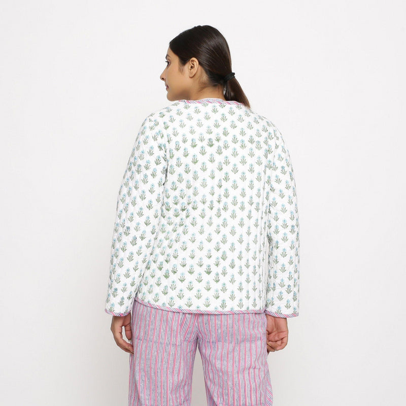 Back View of a Model wearing Hand-Block Printed Reversible Quilted Cotton Jacket