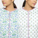 Front Detail of a Model wearing Hand-Block Printed Reversible Quilted Cotton Jacket