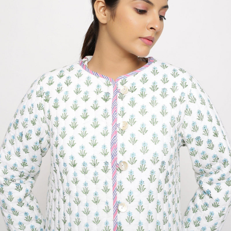 Front Detail of a Model wearing Hand-Block Printed Reversible Quilted Cotton Jacket