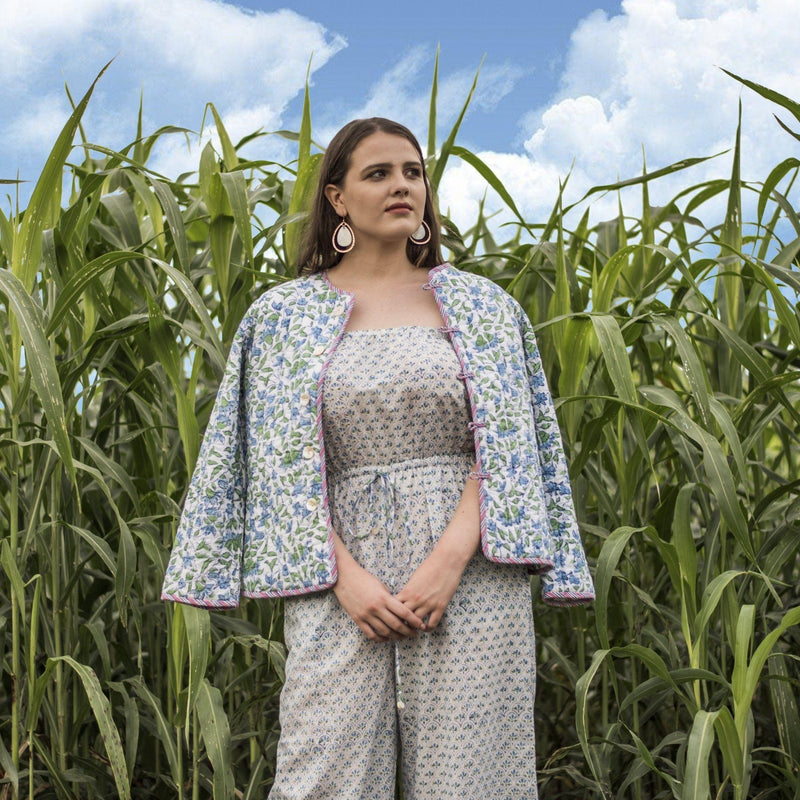 Front View of a Model wearing Hand-Block Printed Reversible Quilted Cotton Jacket