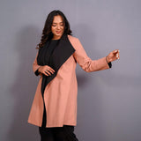 Left View of a Model wearing Reversible English Rose and Black Warm Cotton Flannel Front Open Overlay Coat