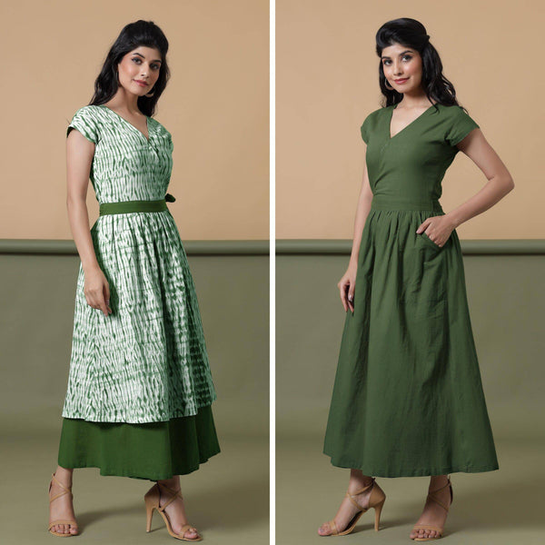 Reversible Forest Green Tie-Dye Cotton Maxi Wrap Dress