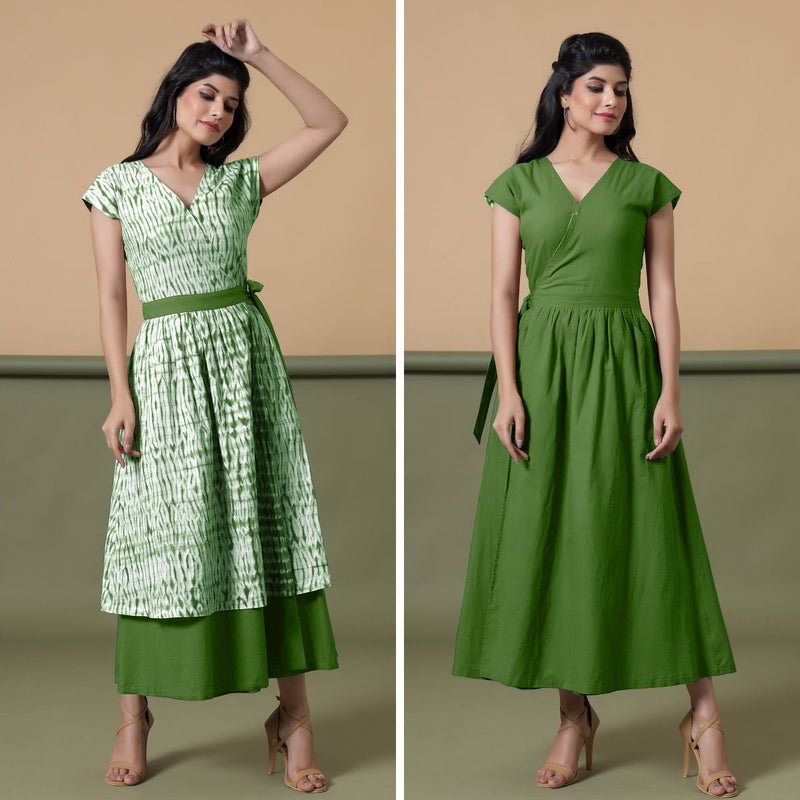 Reversible Forest Green Tie-Dye Cotton Maxi Wrap Dress