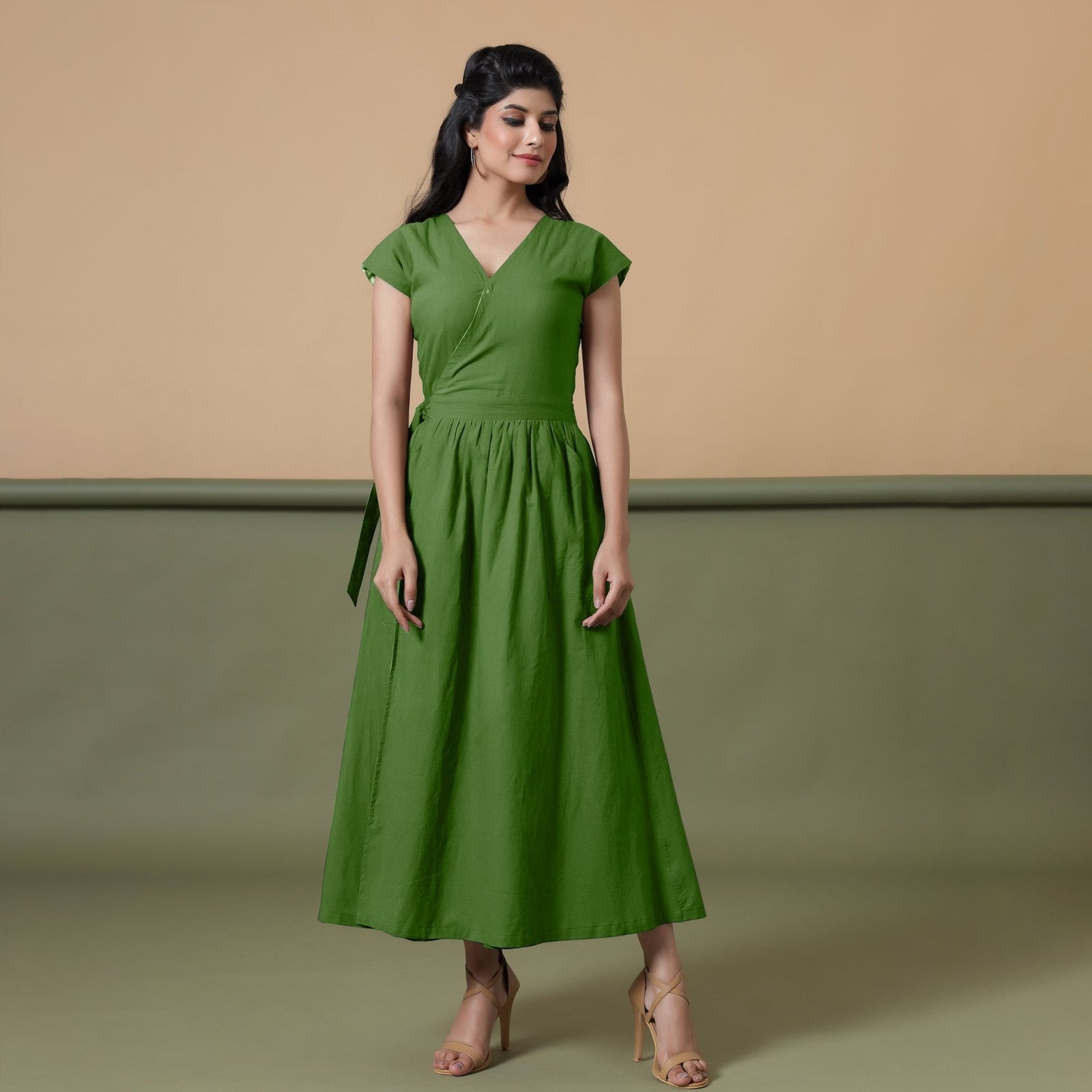Reversible Forest Green Tie-Dye Cotton Maxi Wrap Dress 28