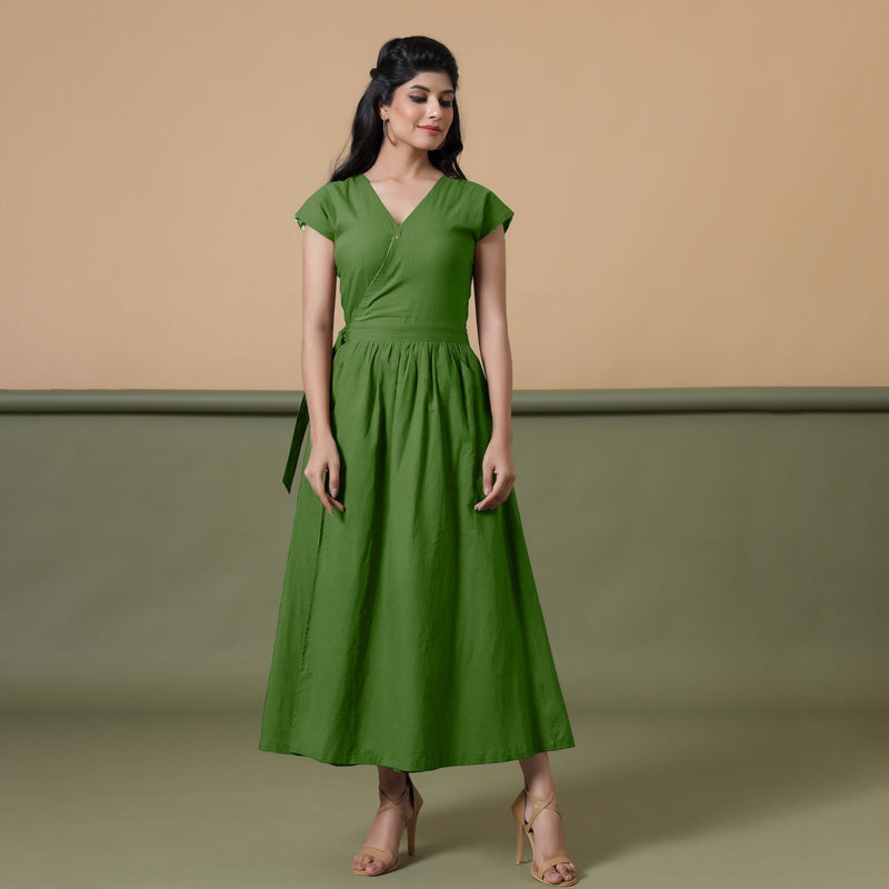 Reversible Forest Green Tie-Dye Cotton Maxi Wrap Dress