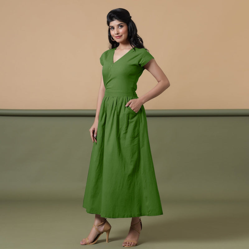 Reversible Forest Green Tie-Dye Cotton Maxi Wrap Dress