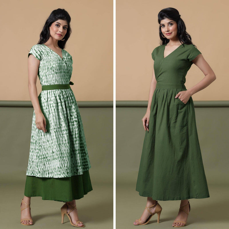 Reversible Forest Green Tie-Dye Cotton Maxi Wrap Dress