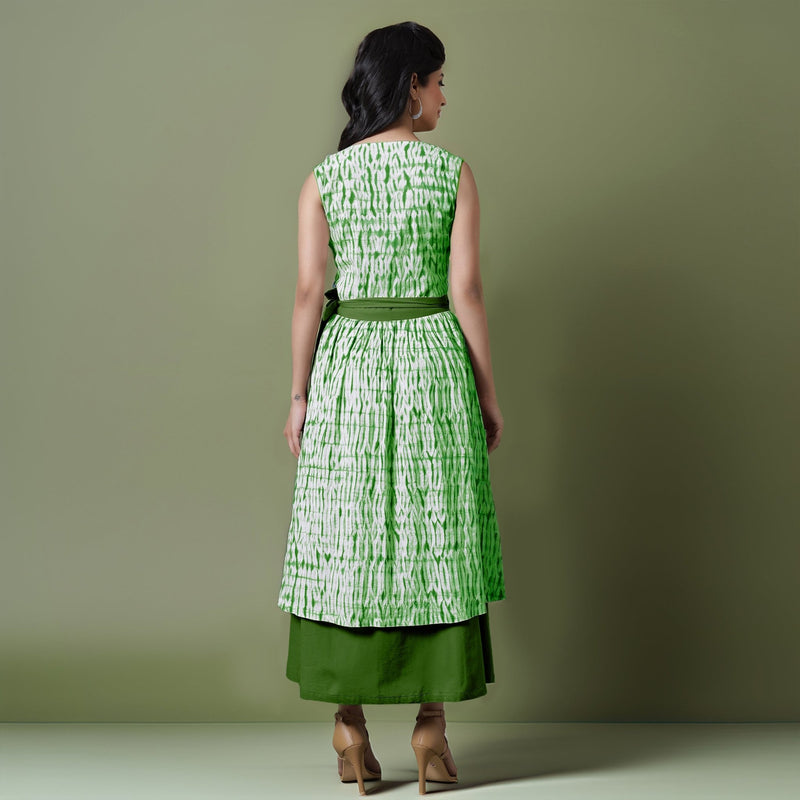 Reversible Forest Green Tie-Dye Cotton V-Neck Sleeveless Maxi Wrap Dress