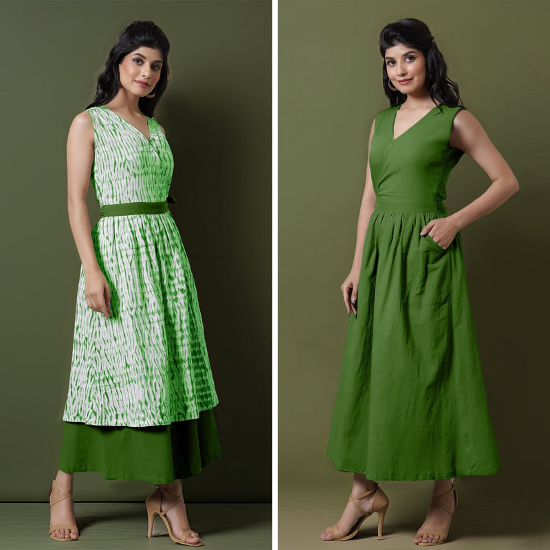 Reversible Forest Green Tie-Dye Cotton V-Neck Sleeveless Maxi Wrap Dress