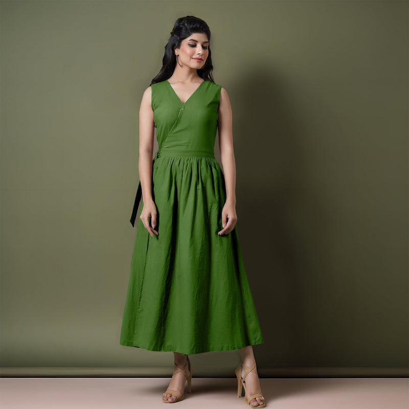 Reversible Forest Green Tie-Dye Cotton V-Neck Sleeveless Maxi Wrap Dress