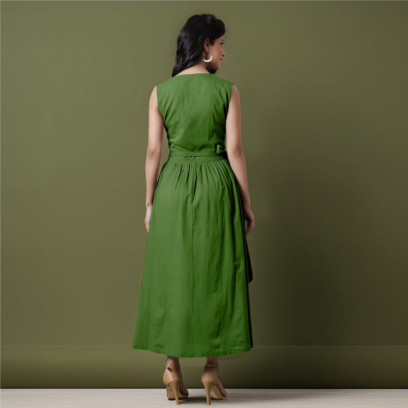 Reversible Forest Green Tie-Dye Cotton V-Neck Sleeveless Maxi Wrap Dress