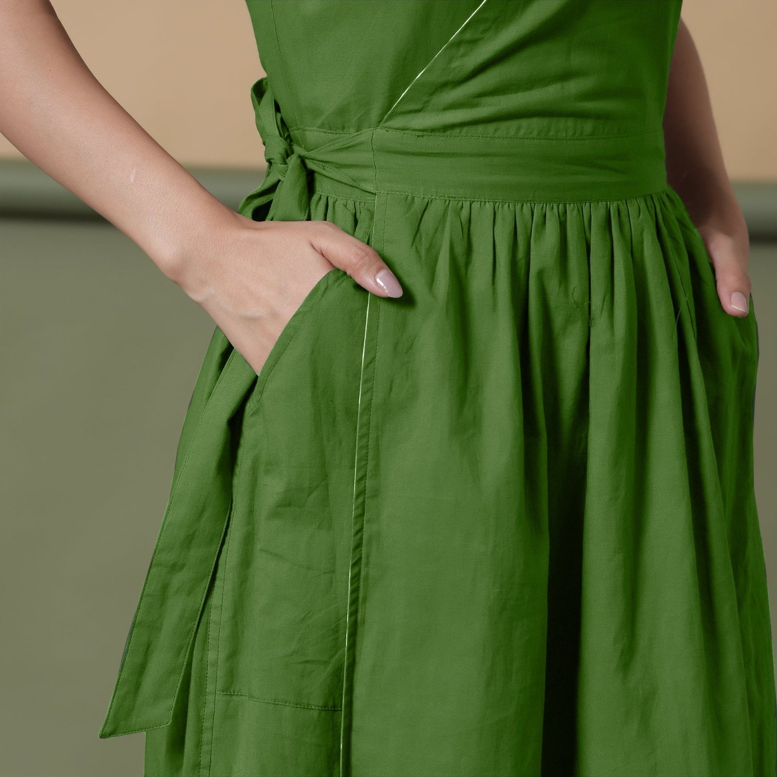 Reversible Forest Green Tie-Dye Cotton V-Neck Sleeveless Maxi Wrap Dress 52