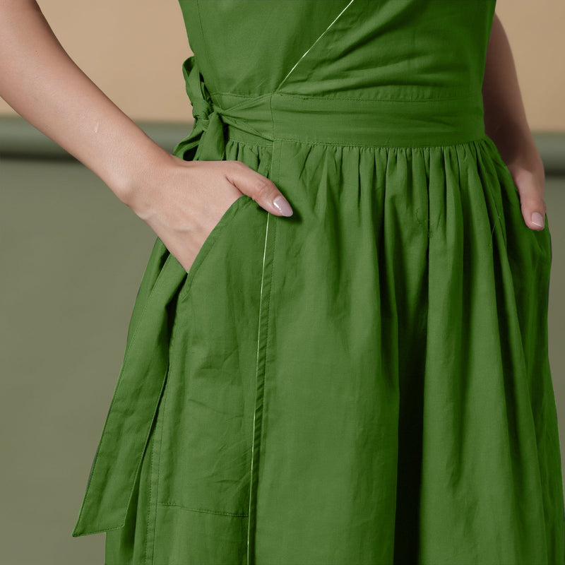 Reversible Forest Green Tie-Dye Cotton V-Neck Sleeveless Maxi Wrap Dress