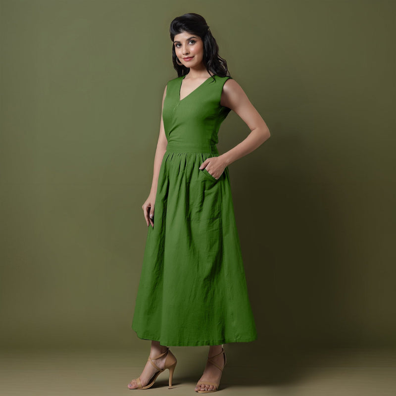 Reversible Forest Green Tie-Dye Cotton V-Neck Sleeveless Maxi Wrap Dress