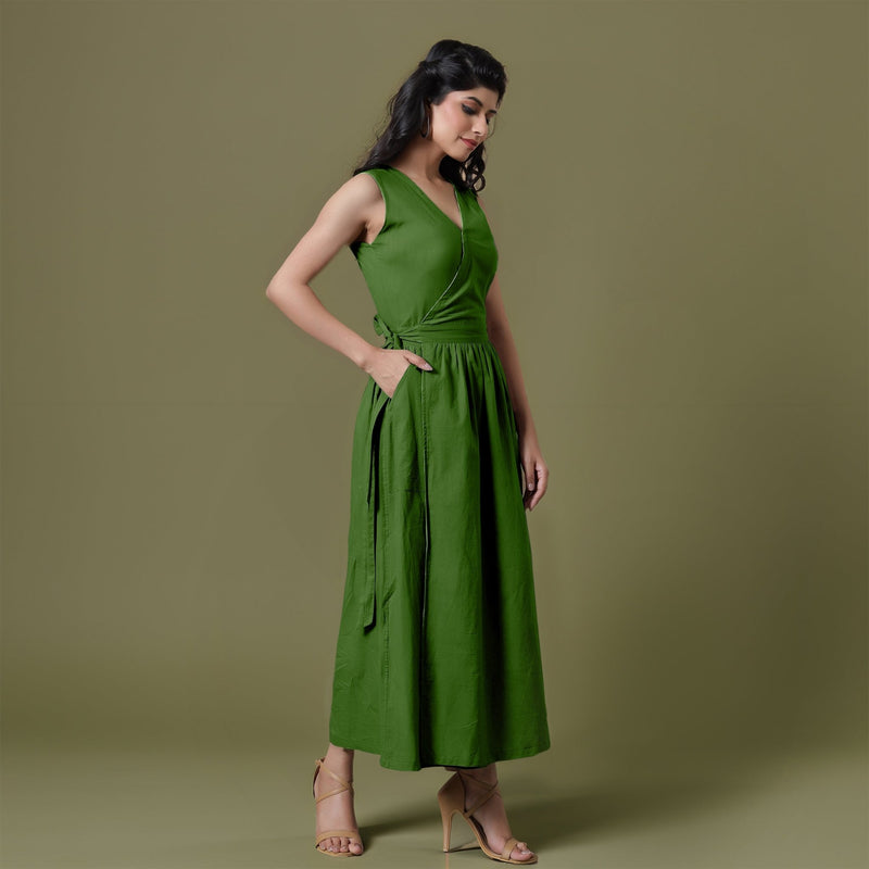 Reversible Forest Green Tie-Dye Cotton V-Neck Sleeveless Maxi Wrap Dress