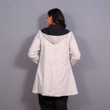 Back View of a Model wearing Reversible Grey and Black Warm Cotton Flannel Front Open Hoodie Overlay