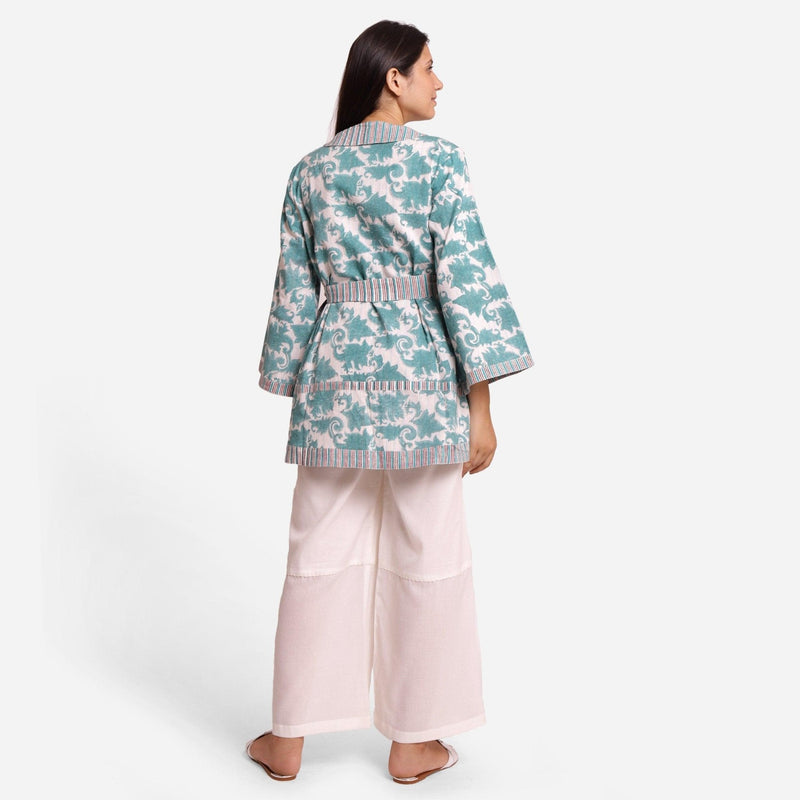 Back View of a Model wearing Reversible Handblock Printed Overlay