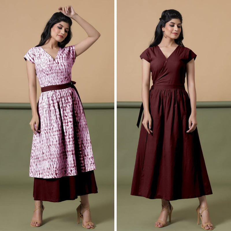Reversible Maroon Tie-Dye Cotton V-Neck Maxi Wrap Dress