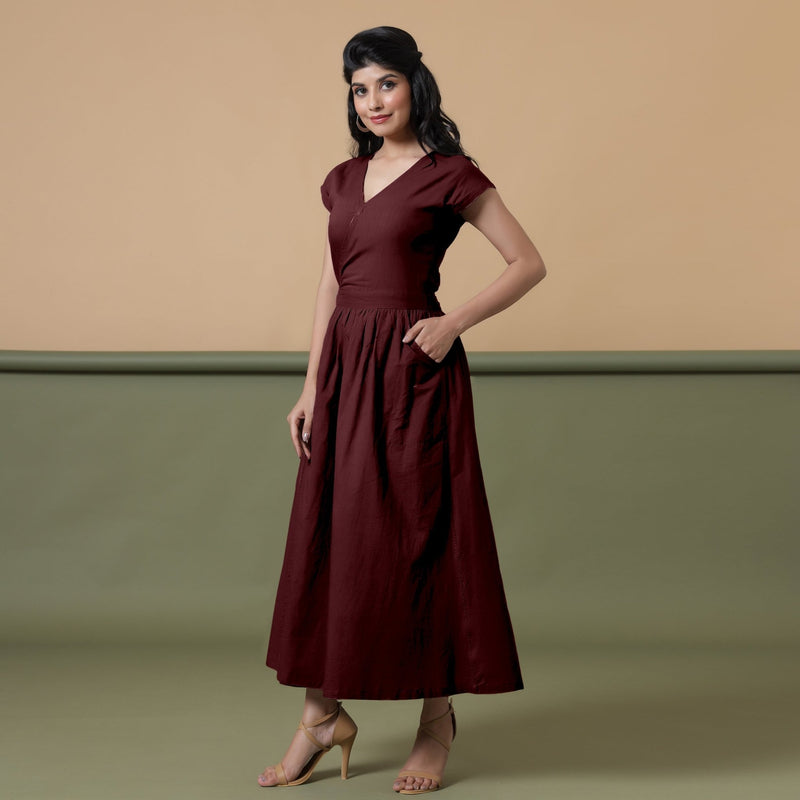 Reversible Maroon Tie-Dye Cotton V-Neck Maxi Wrap Dress