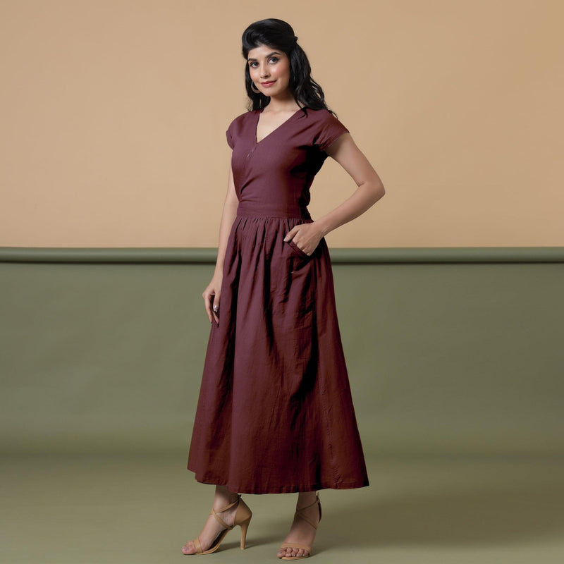 Left View of a Model wearing Reversible Maroon Tie-Dye Cotton V-Neck Maxi Wrap Dress