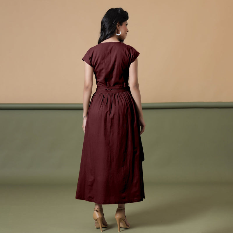 Reversible Maroon Tie-Dye Cotton V-Neck Maxi Wrap Dress