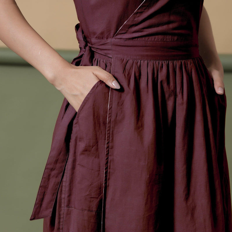 Front Detail of a Model wearing Reversible Maroon Tie-Dye Cotton V-Neck Maxi Wrap Dress