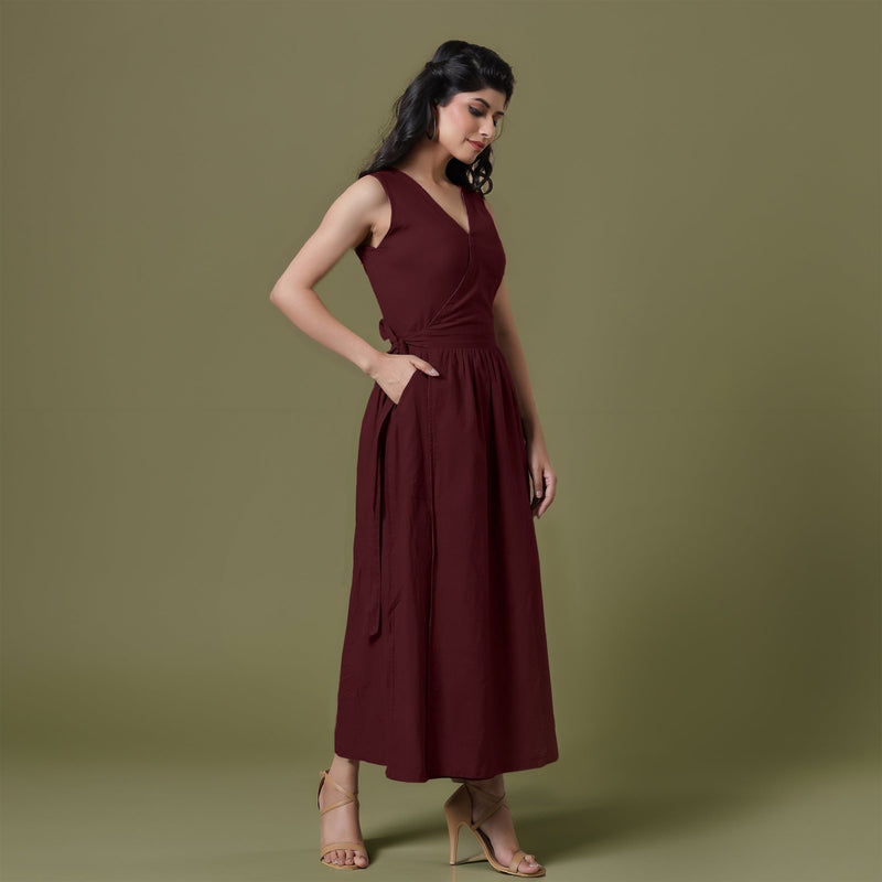 Reversible Maroon Tie-Dye Cotton V-Neck Sleeveless Maxi Wrap Dress