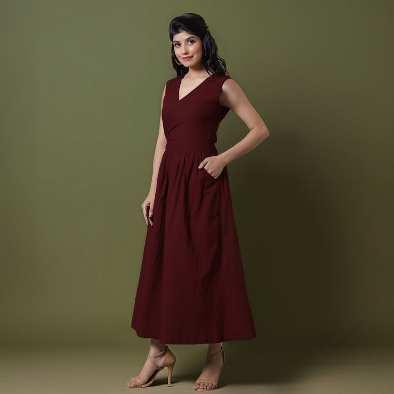 Reversible Maroon Tie-Dye Cotton V-Neck Sleeveless Maxi Wrap Dress