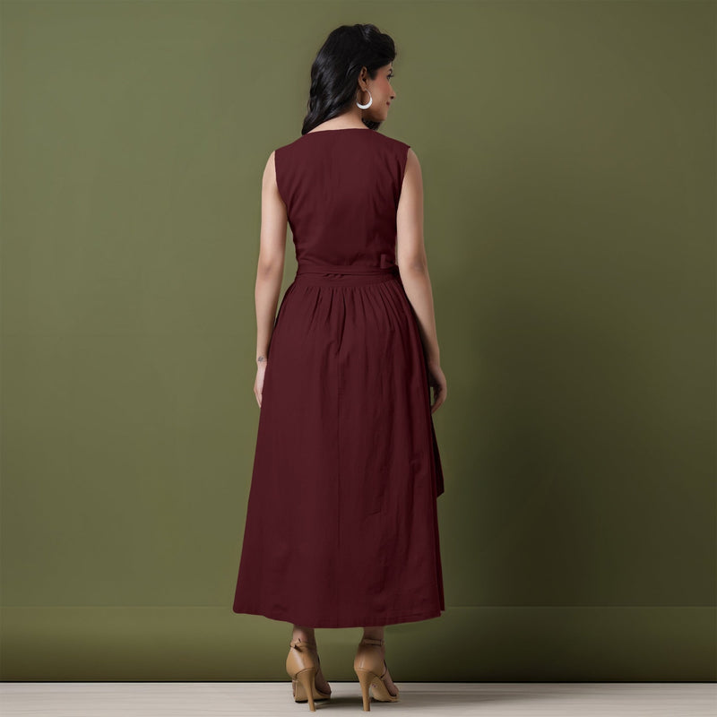 Reversible Maroon Tie-Dye Cotton V-Neck Sleeveless Maxi Wrap Dress