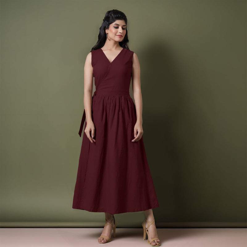 Reversible Maroon Tie-Dye Cotton V-Neck Sleeveless Maxi Wrap Dress