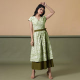 Front View of a Model wearing Reversible Moss Green Tie-Dye Cotton Maxi Wrap Dress