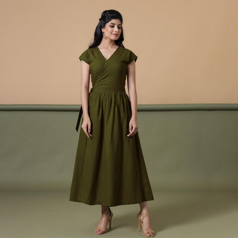 Front View of a Model wearing Reversible Moss Green Tie-Dye Cotton Maxi Wrap Dress