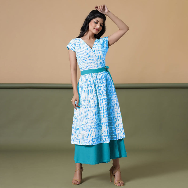 Reversible Ocean Blue Tie-Dye Cotton V-Neck Maxi Wrap Dress