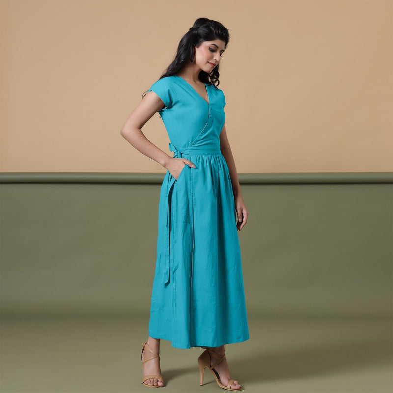 Reversible Ocean Blue Tie-Dye Cotton V-Neck Maxi Wrap Dress