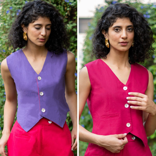 Reversible Pink and Purple Cotton Poplin V-Neck Vest