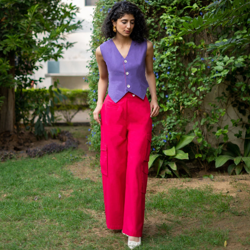 Reversible Pink and Purple Cotton Vest and Cargo Pant Co-ord Set