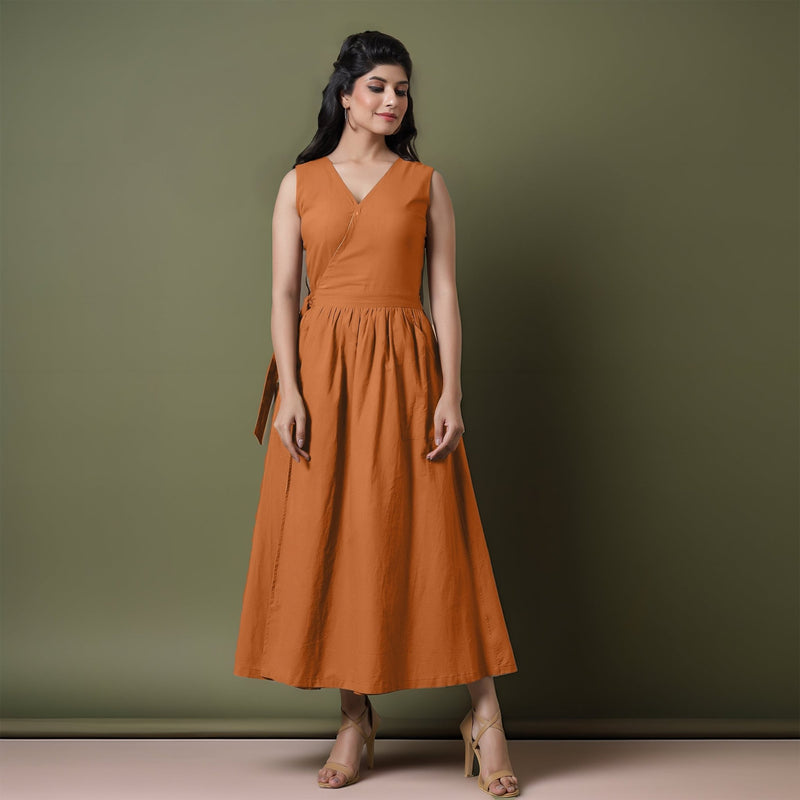 Reversible Rust Orange Tie-Dye Cotton V-Neck Sleeveless Maxi Wrap Dress 64