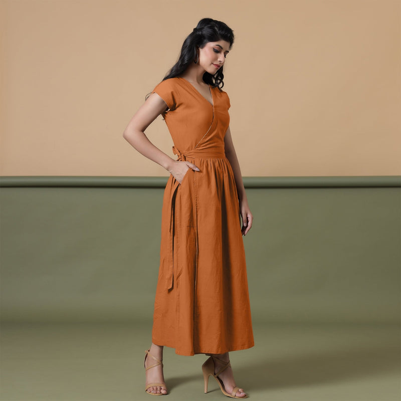 Reversible Rust Tie-Dye Cotton V-Neck Maxi Wrap Dress