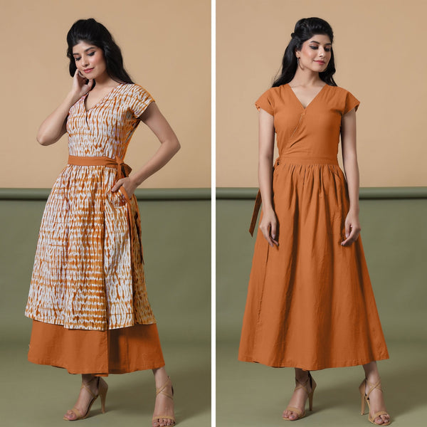 Reversible Rust Tie-Dye Cotton V-Neck Maxi Wrap Dress