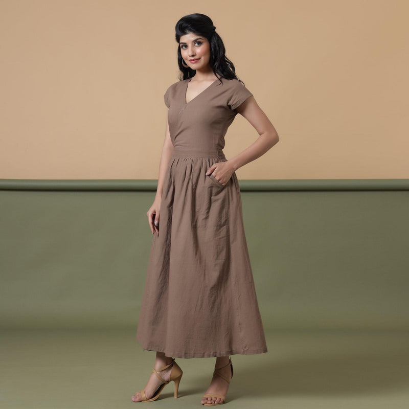 Left View of a Model wearing Reversible Taupe Tie-Dye Cotton V-Neck Maxi Wrap Dress