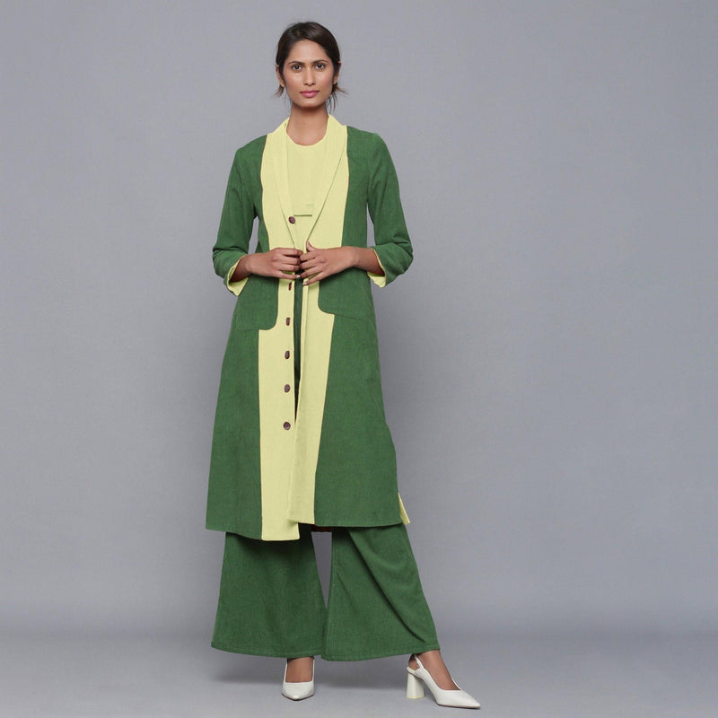 Front View of a Model wearing Reversible Warm Cotton Corduroy Convertible Jacket Dress