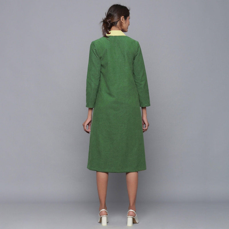 Back View of a Model wearing Reversible Warm Cotton Corduroy Convertible Jacket Dress