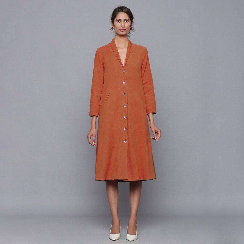 Front View of a Model wearing Reversible Convertible Corduroy Button Down Jacket Dress