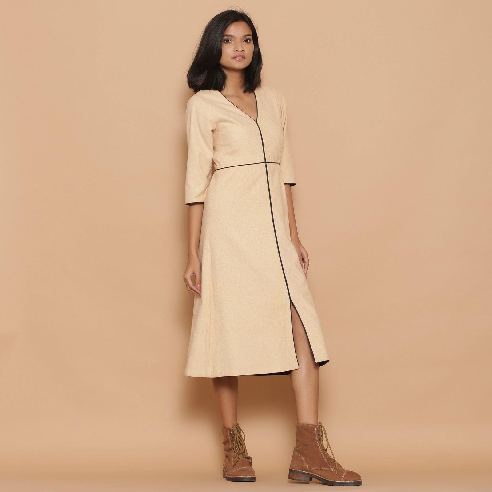Reversible Warm Cotton Flannel Midi Slit Dress 60