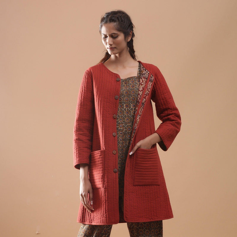 Front View of a Model wearing Reversible Quilted Kalamkari Jacket