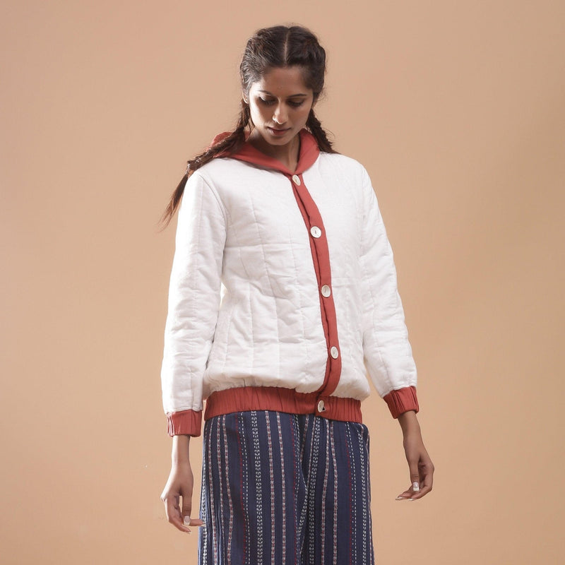 Front View of a Model wearing Reversible Quilted Cotton Bomber Jacket