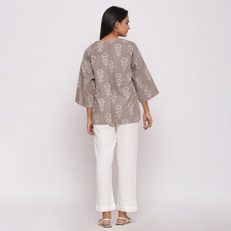 Back View of a Model wearing Reversible Dabu Block Printed Overlay