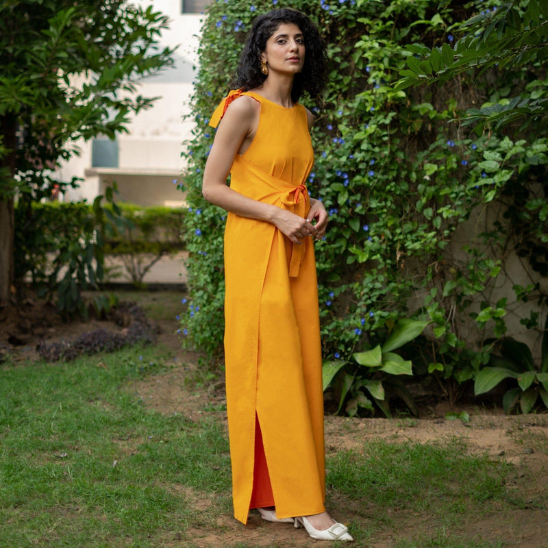 Reversible Yellow and Orange Cotton Poplin Flared Wrap Jumpsuit