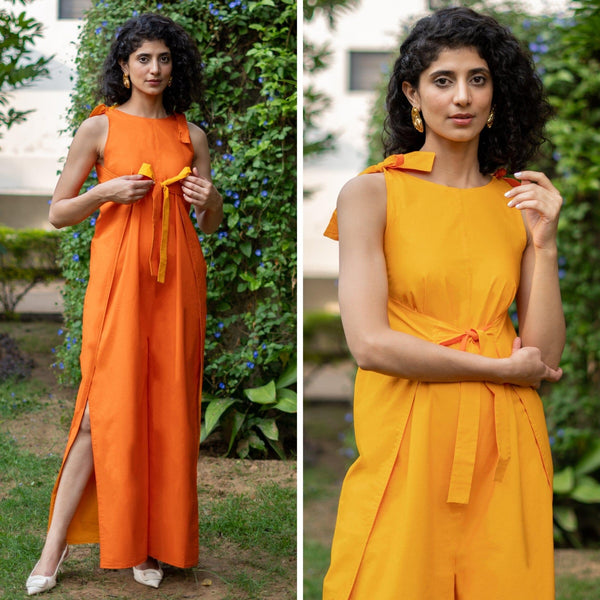 Reversible Yellow and Orange Cotton Poplin Flared Wrap Jumpsuit