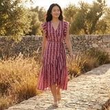 Rose Garden Floral Stripes Block Print Cotton Ruffle Midi Wrap Dress